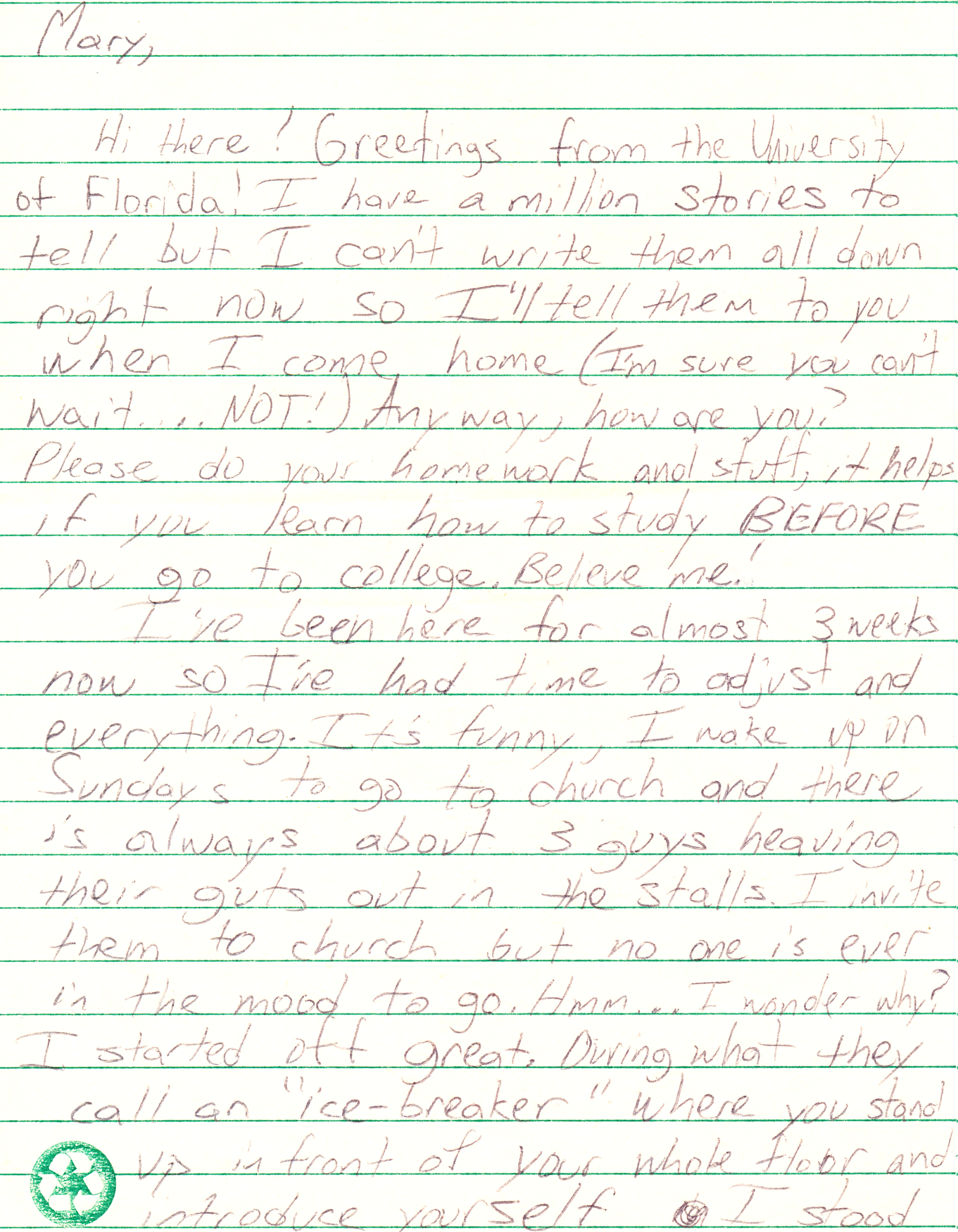 Greetings from the University of Florida: Jack Vigliatura’s Letter Home, September 5, 1991